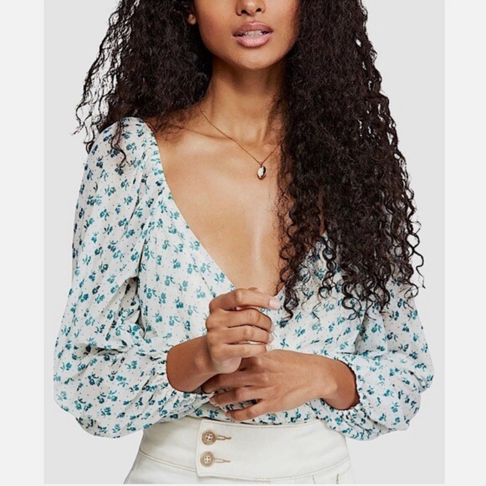 Free People NWOT Sweetie Pie Floral Sheer Mesh Crop Top - Floral Green/ Blue